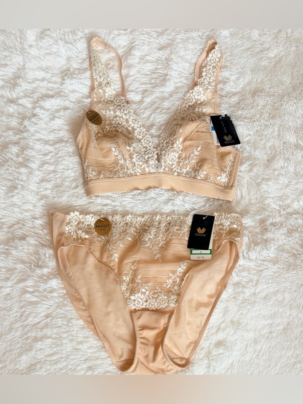 Wacoal Embrace Lace Bralette (36) & Hi-Cut Brief (L) Set – Nude/Natural